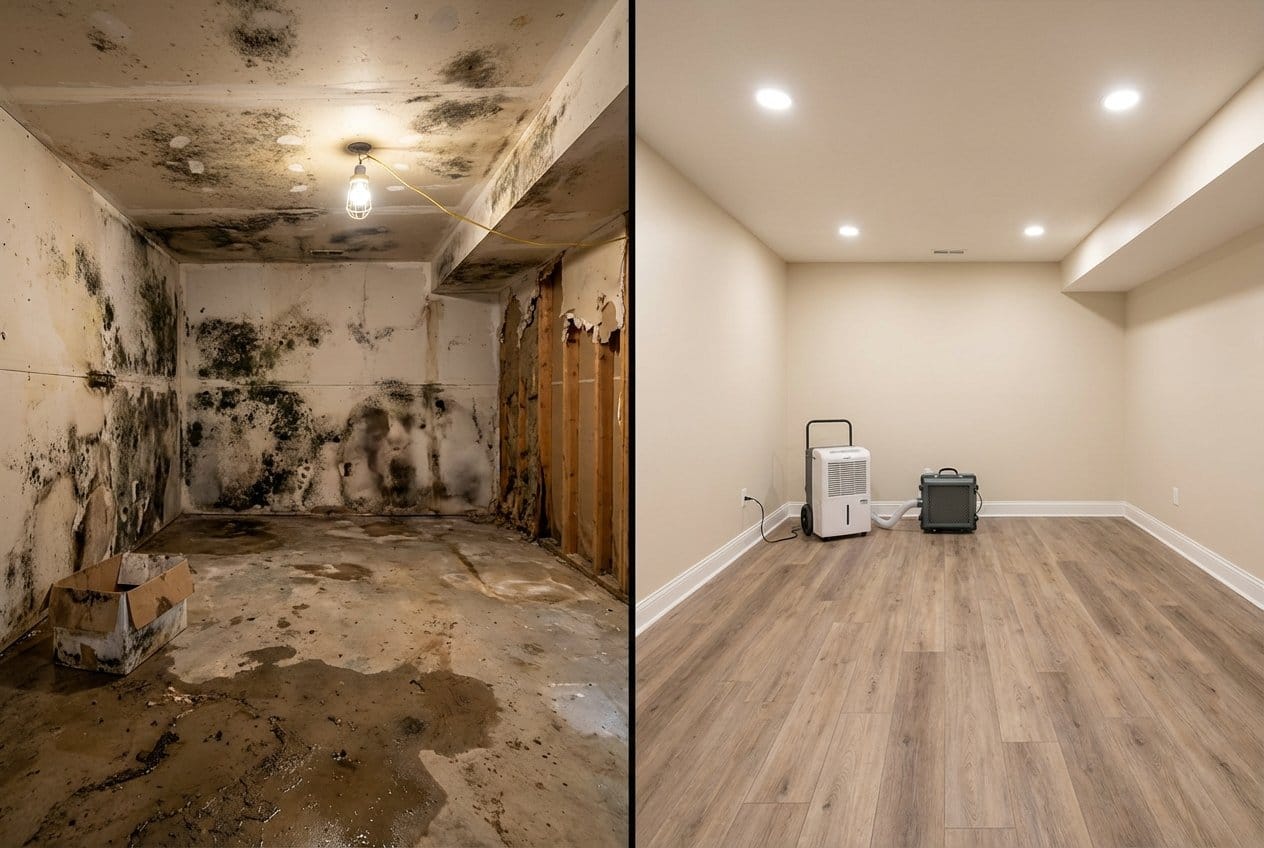 Mold Inspection & Moisture Assessment before and after in residential basement, Garfield NJ