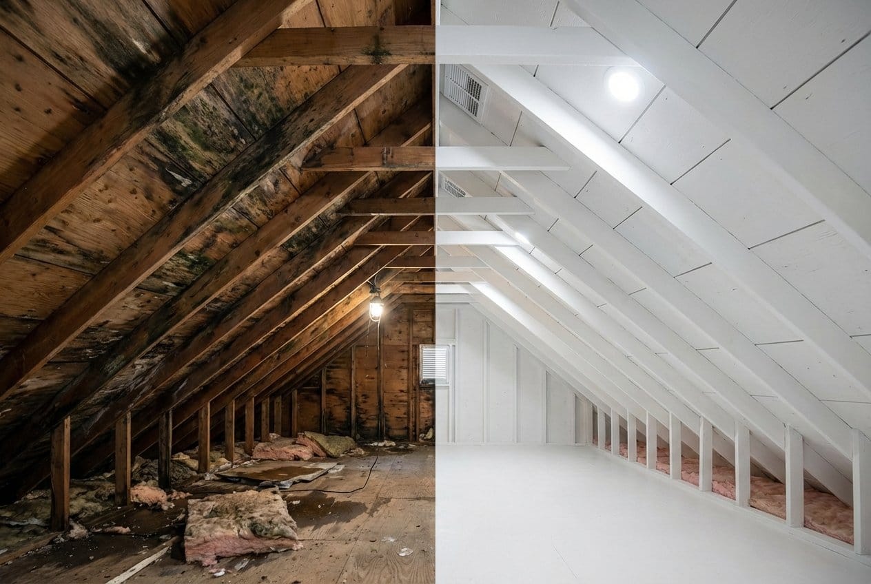 Before and after mold removal & remediation in Garfield commercial property attic space