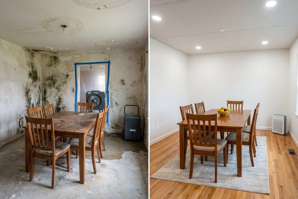 Before and after black mold removal in Garfield bungalow dining room