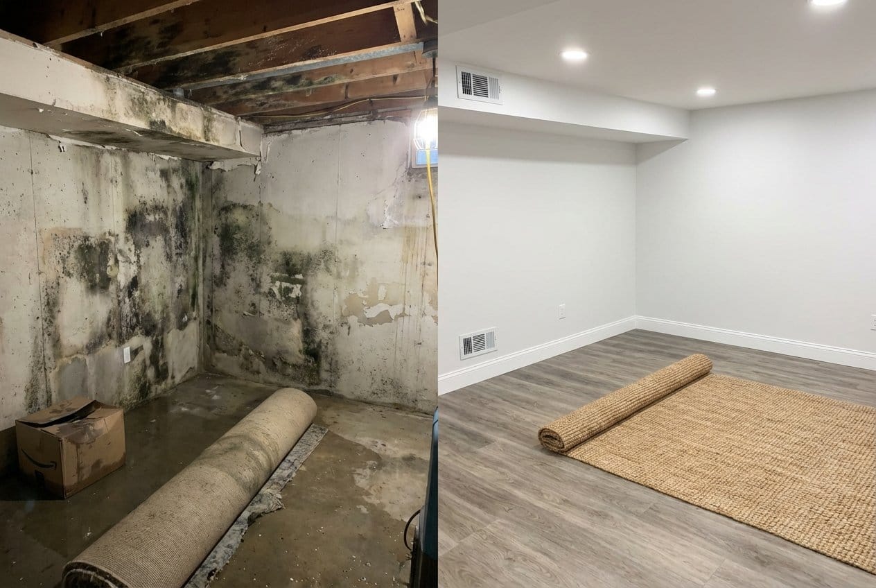 Attic & Crawl Space Mold Removal before and after in finished basement, Garfield NJ