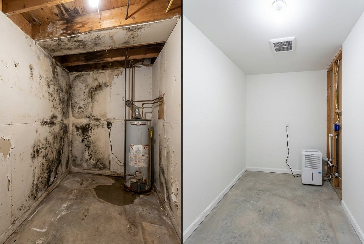 Attic & Crawl Space Mold Removal restoration — utility room of split-level home in Garfield, NJ