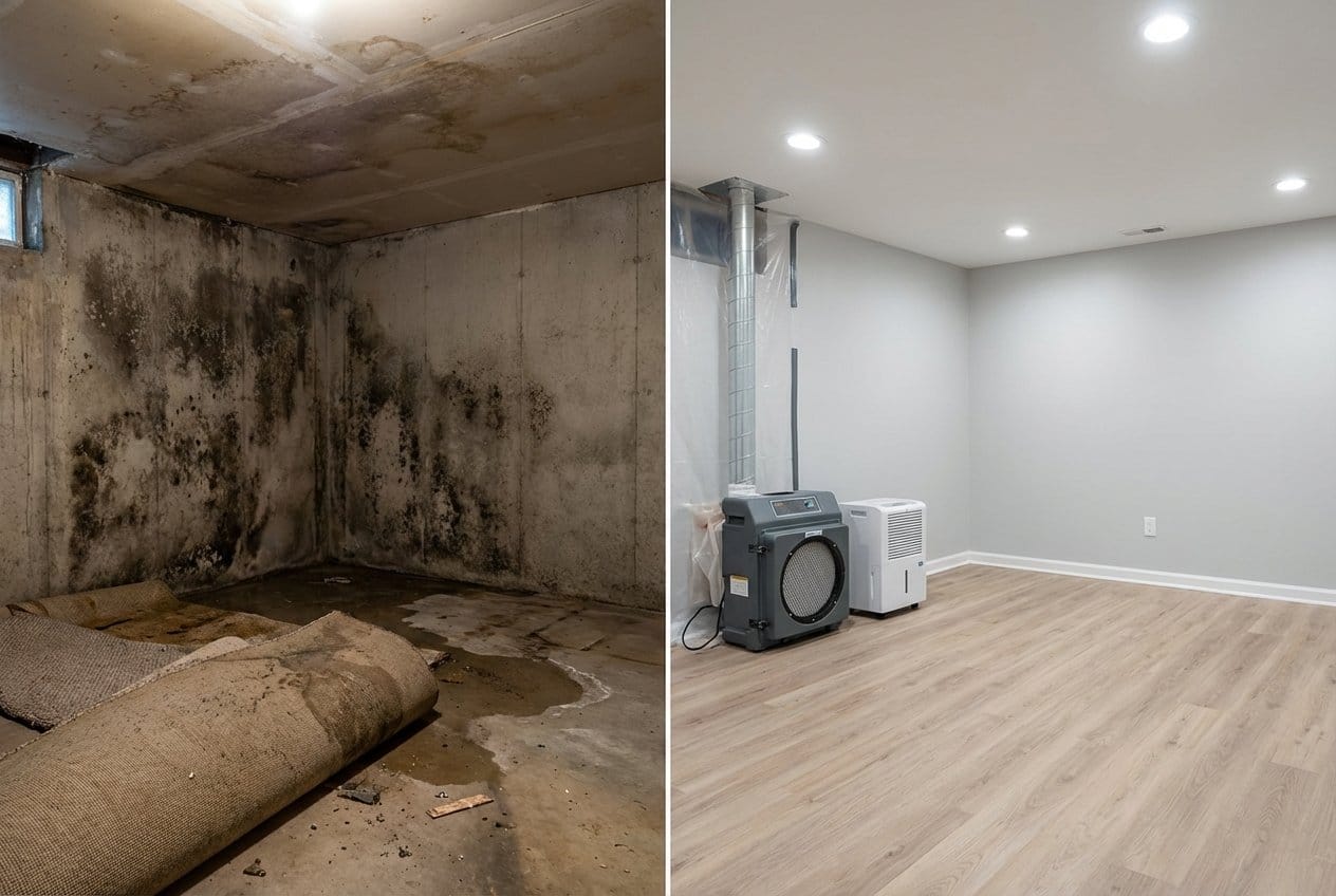 Basement & Foundation Mold Removal before and after in residential basement, Garfield NJ