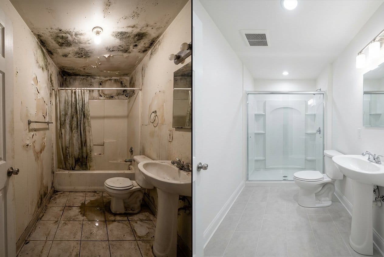 Before and after basement & foundation mold removal in Garfield private residence bathroom