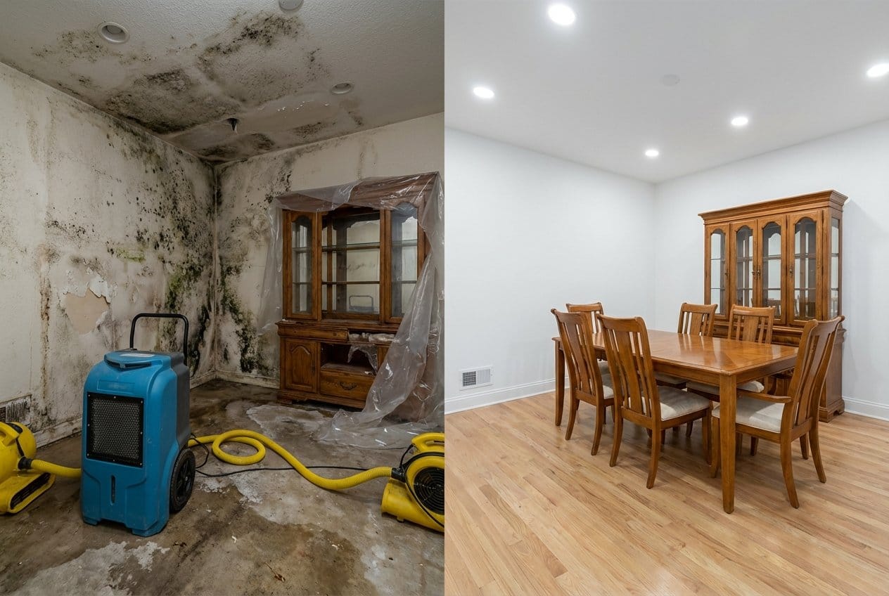 Before and after odor removal & disinfection in Garfield ranch-style home dining room