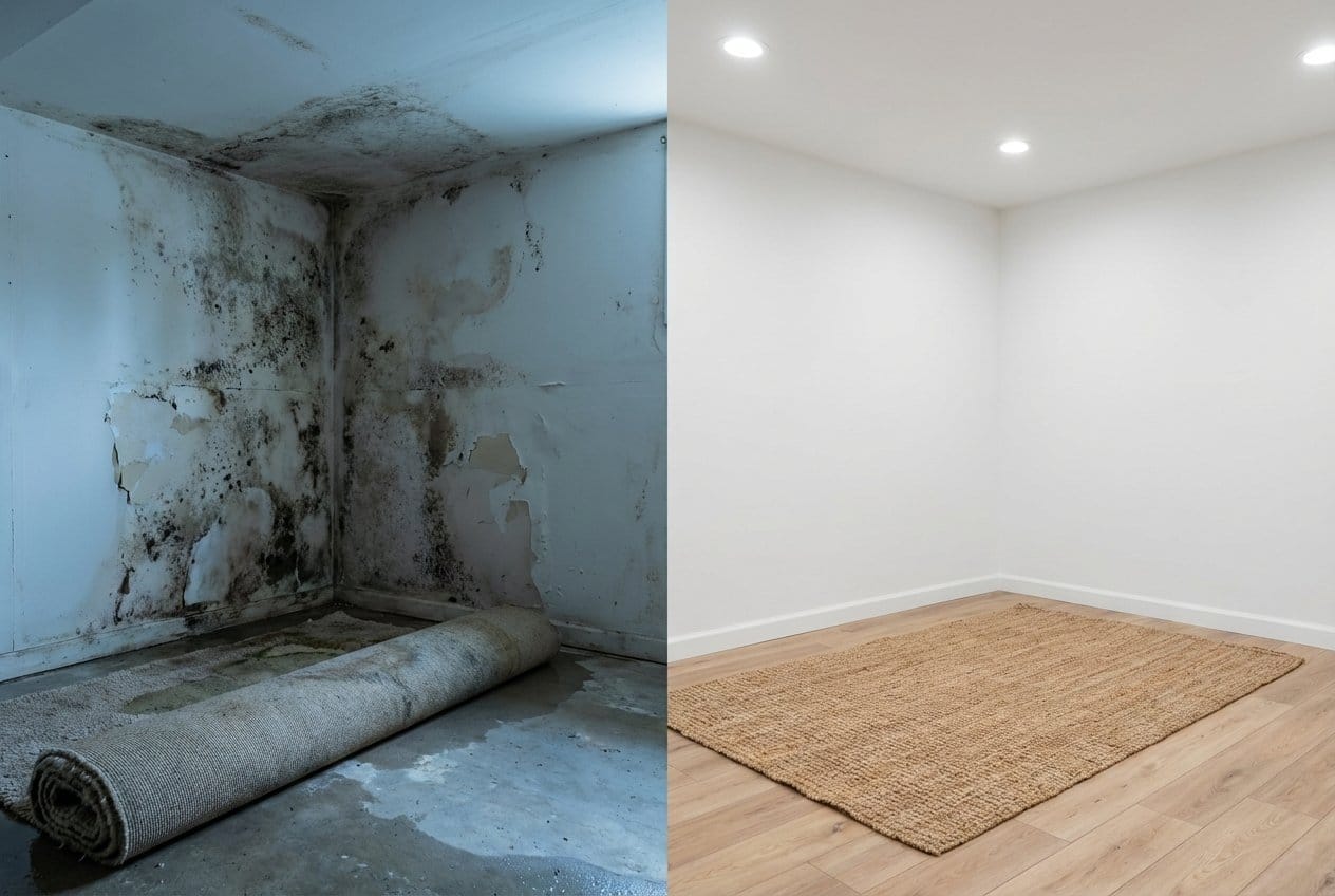 Humidity & Moisture Control Solution before and after in finished basement, Garfield NJ