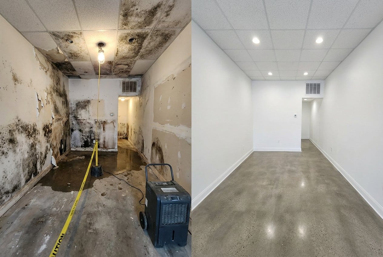 Before and after humidity & moisture control solution in Garfield townhouse storefront interior